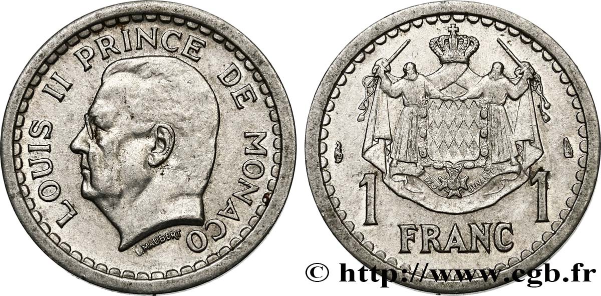 MONACO 1 Franc Louis II 1943 Paris SPL 