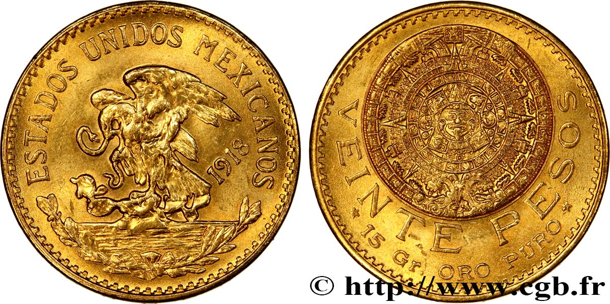 MEXIQUE 20 Pesos “Pierre du Soleil” (calendrier aztèque) 1918 Mexico SUP 