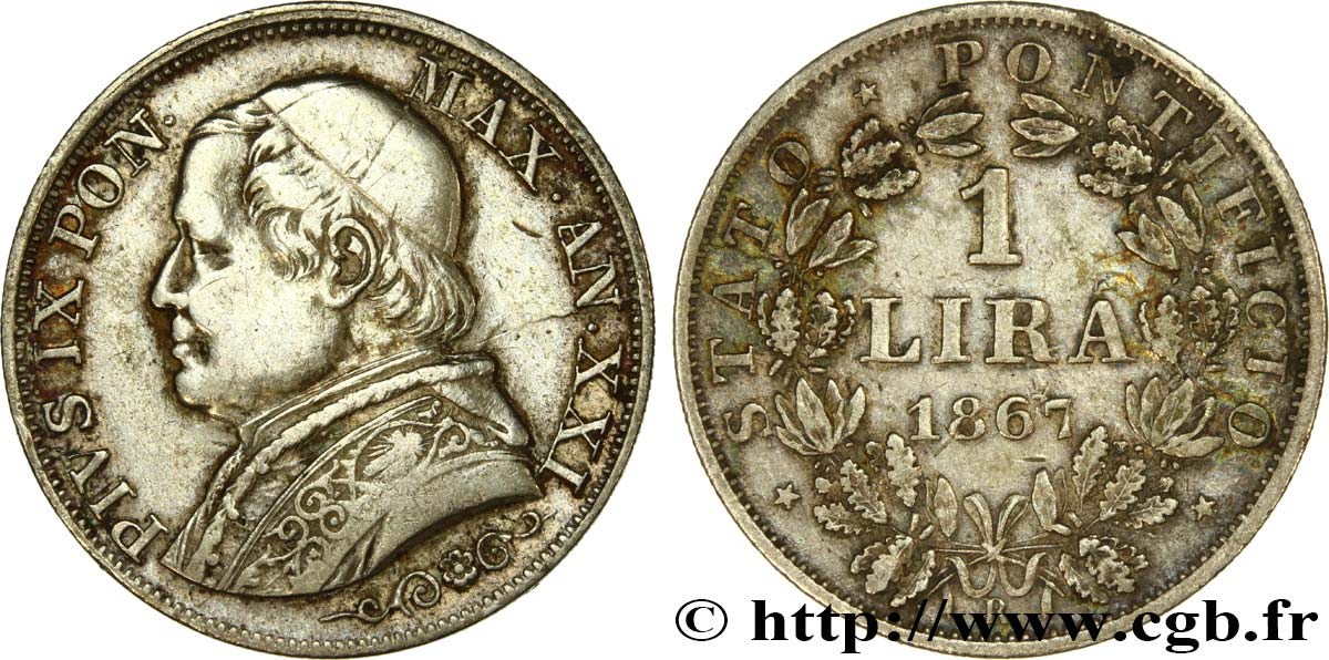 VATICAN AND PAPAL STATES 1 Lira Pie IX an XXI 1867 Rome XF 