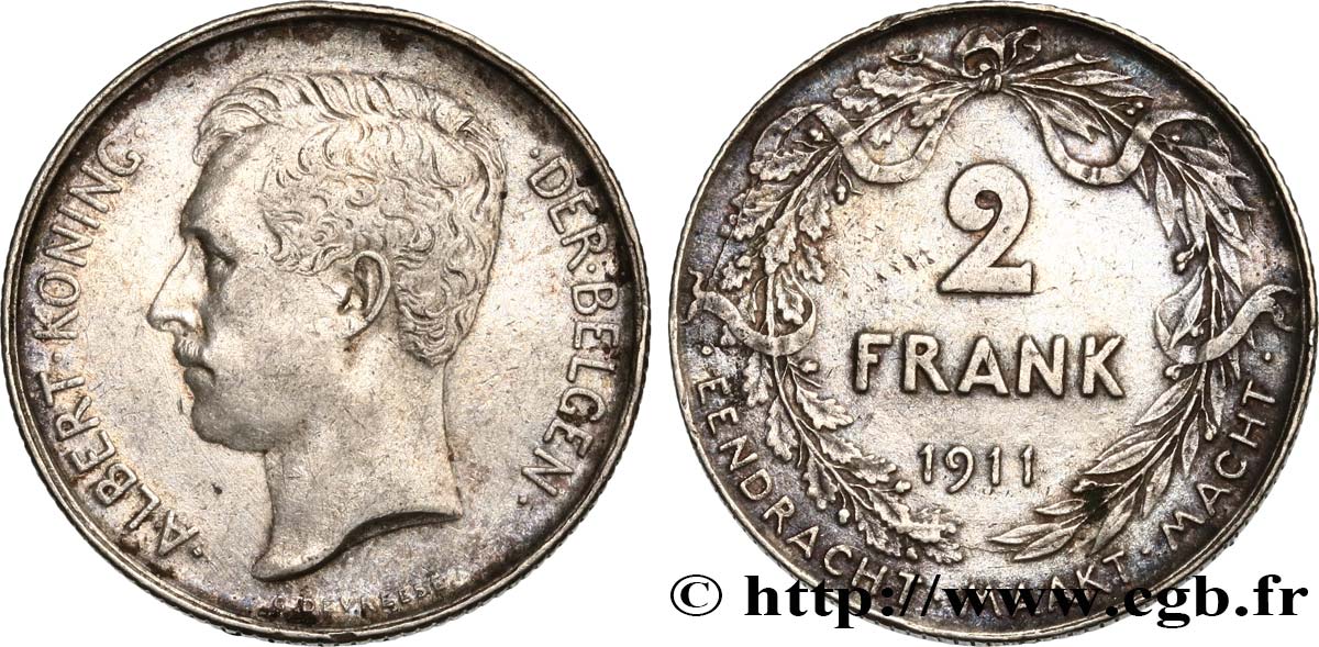 BELGIQUE 2 Frank (Francs) Albert Ier légende flamande 1911 Bruxelles TTB 