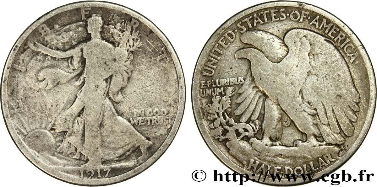 UNITED STATES OF AMERICA 1/2 Dollar Walking Liberty 1917 Philadelphie F 