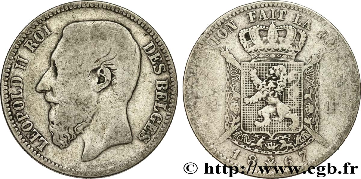 BELGIQUE 2 Francs Léopold II légende française 1867  TB 