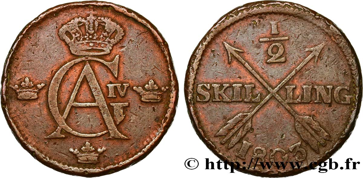 SVEZIA 1/2 Skilling monogramme du roi Gustave IV Adolphe 1803  MB 