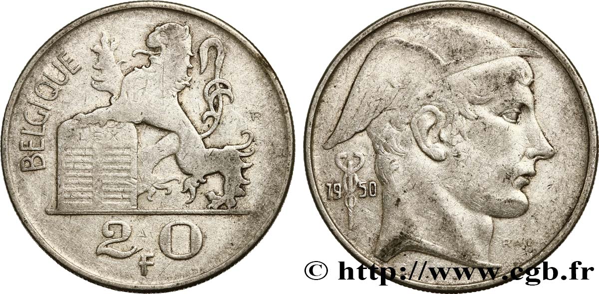 BELGIQUE 20 Francs Mercure, légende française 1950  TB+ 