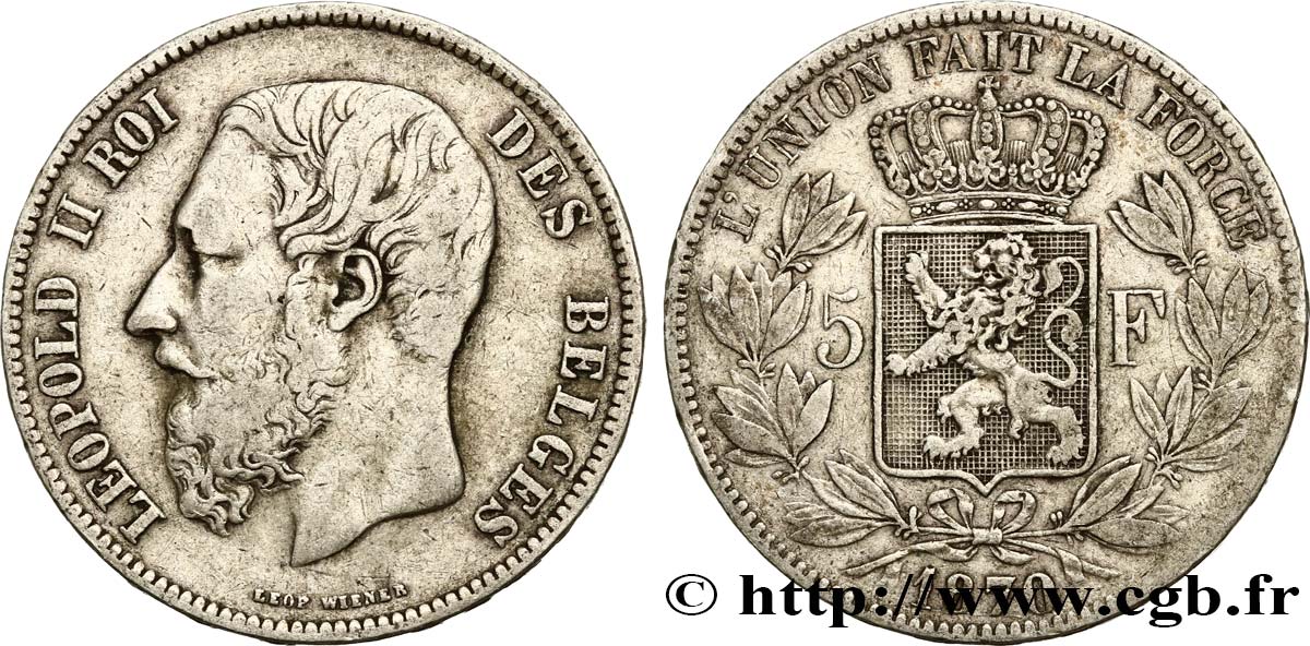 BELGIQUE 5 Francs Léopold II 1870  TB+ 