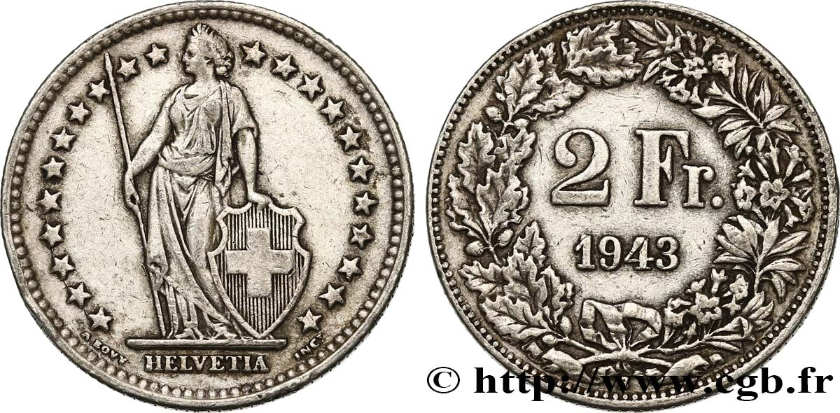 SVIZZERA  2 Francs Helvetia 1943 Berne BB 