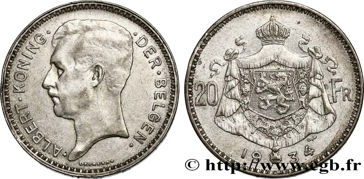 BELGIO 20 Francs Albert Ier légende Flamande position A 1934  BB 