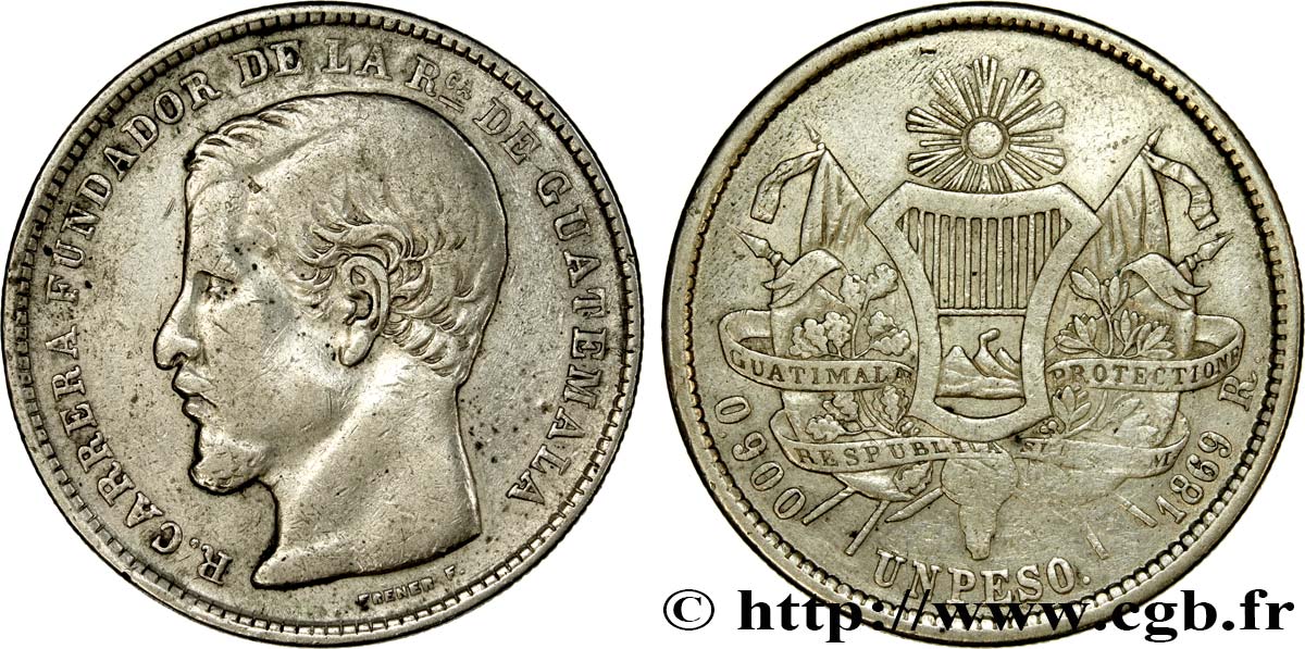 GUATEMALA 1 Peso Rafael Carrera 1869  TTB 
