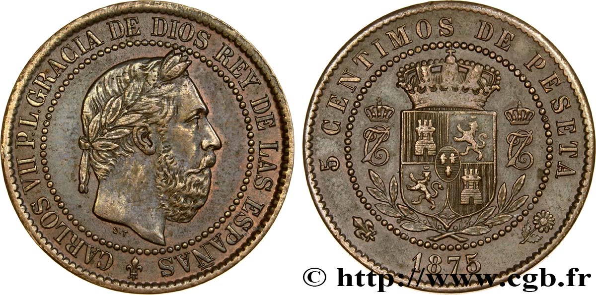 SPAIN 5 Centimos Charles VII (Charles de Bourbon, prétendant carliste) 1875 Oñate AU 