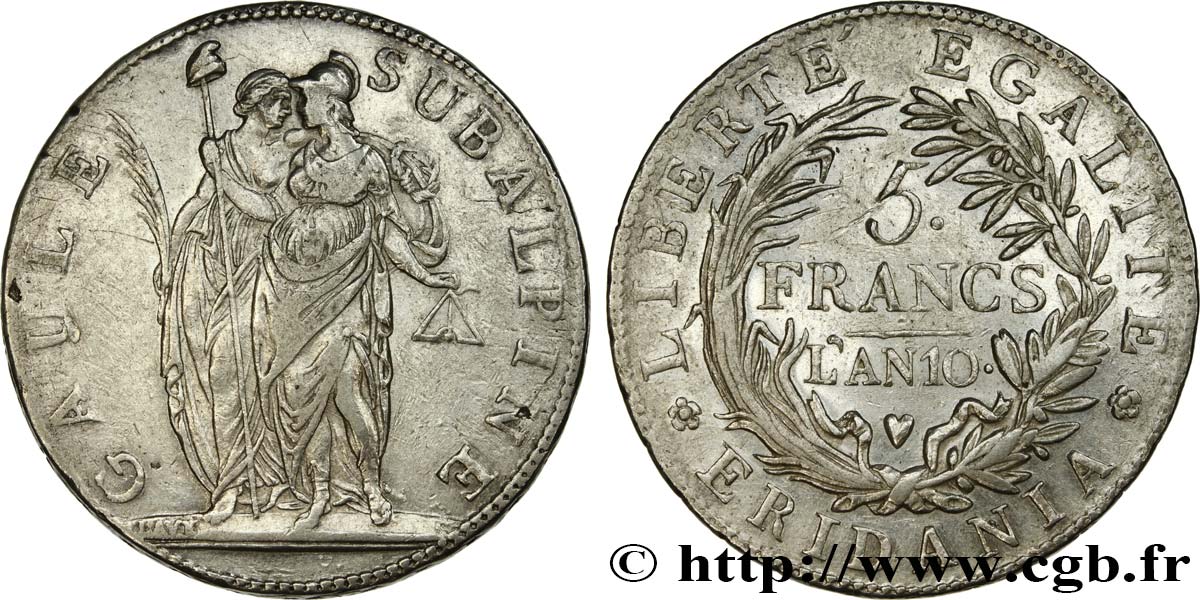 ITALIA - GALIA SUBALPINA 5 Francs an 10 1802 Turin q.BB 