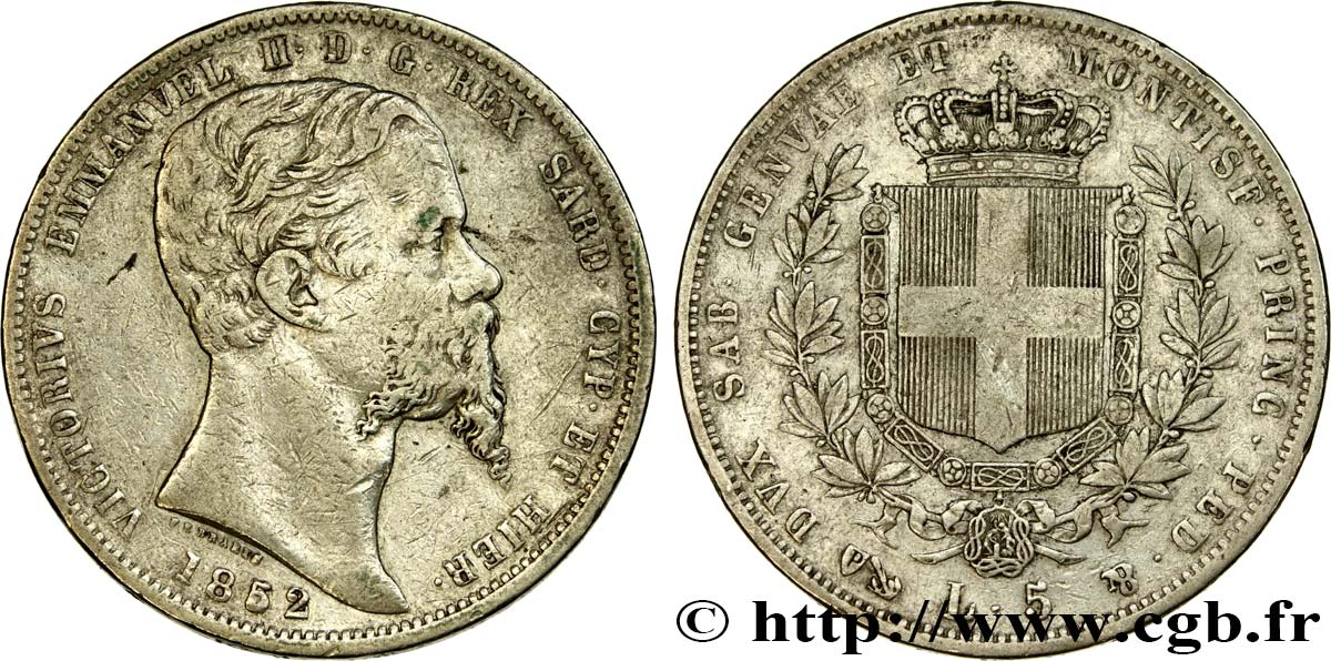 ITALIE - ROYAUME DE SARDAIGNE 5 Lire Victor Emmanuel II 1852 Gênes TB+ 