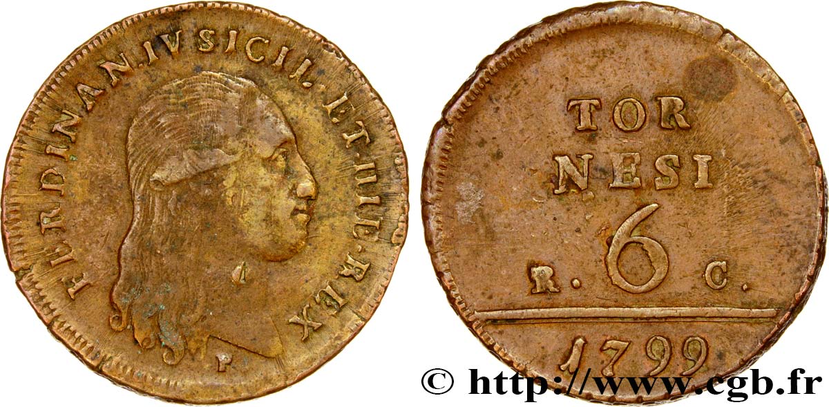 ITALIA - REINO DE NAPOLES 6 Tornesi Ferdinand IV 1799  BC+/MBC 