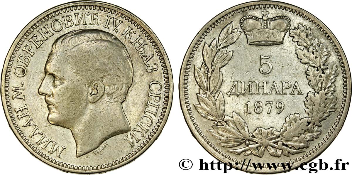 SERBIA 5 Dinara Milan Obrenovich IV 1879 Paris VF 