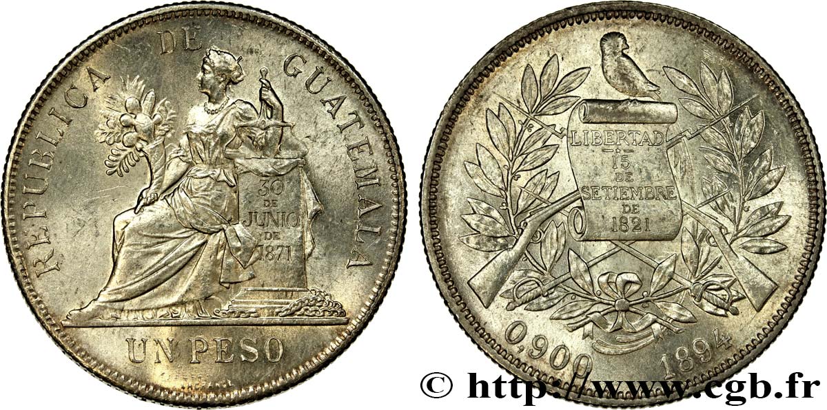 GUATEMALA 1 Peso 1894 Heaton SPL 