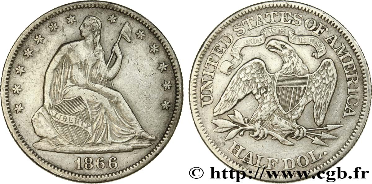 ESTADOS UNIDOS DE AMÉRICA 1/2 Dollar “Seated Liberty” 1866 Philadelphie MBC/MBC+ 