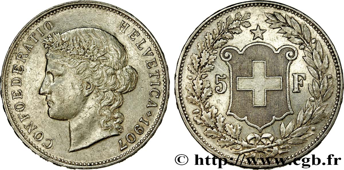 SUIZA 5 Francs Helvetia 1907 Berne MBC+ 