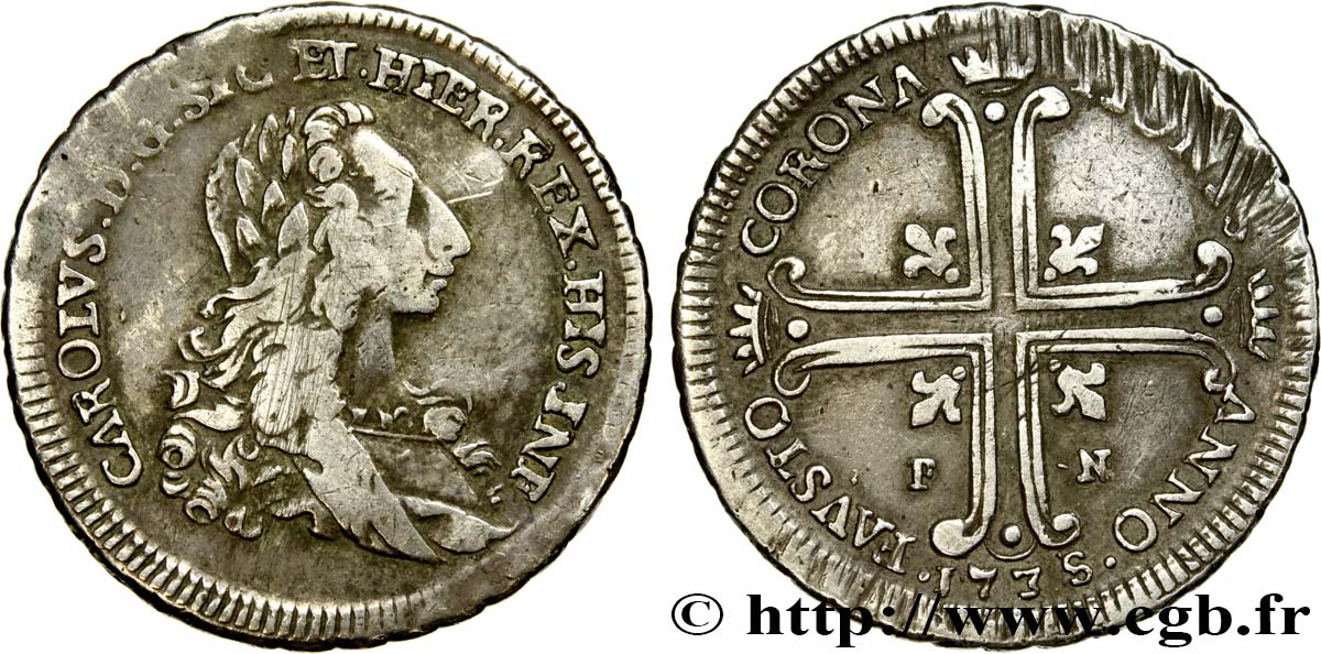 KINGDOM OF SICILY - CHARLES OF BOURBON 6 Tari  1738 Palerme VF 