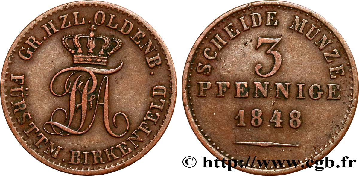 GERMANIA - OLDENBURG 3 Pfennige monogramme de Paul-Frédéric-Auguste grand-duc 1848 Hanovre BB 