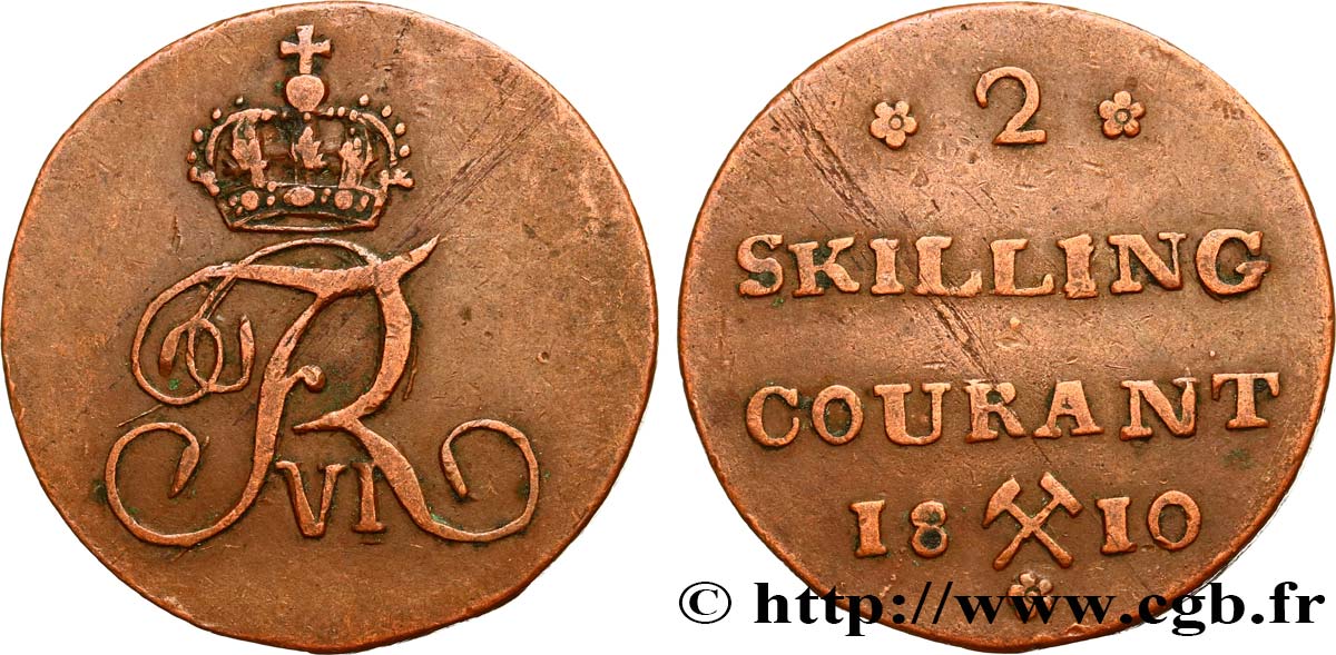 NORUEGA 2 Skilling monogramme de Frédéric VI roi du Danemark variété avec fleurettes à 5 pétales 1810 Kongsberg BC+ 