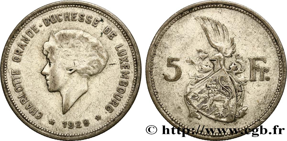 LUXEMBOURG 5 Francs Grande-Duchesse Charlotte 1929  TB+ 