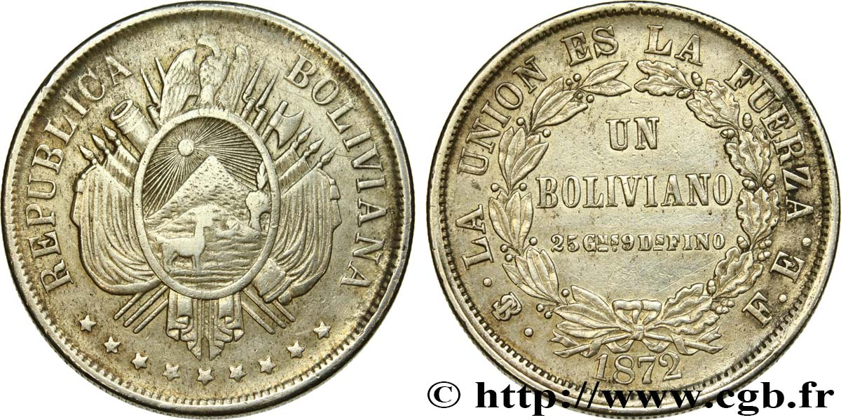 BOLIVIE 1 Boliviano 1872 Potosi TTB/TTB+ 
