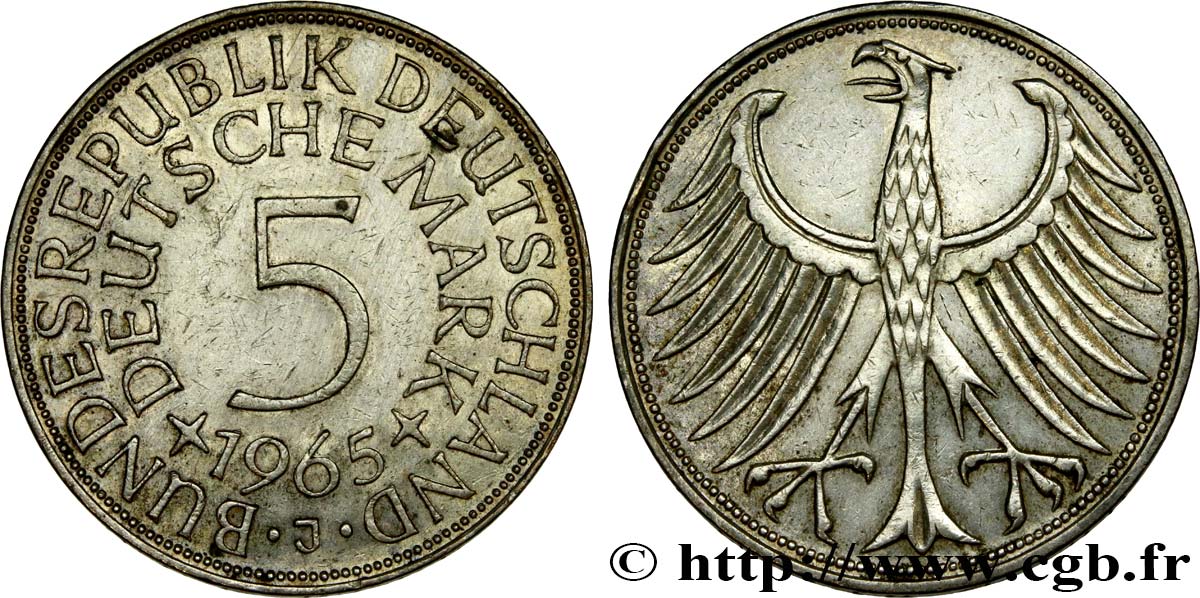 DEUTSCHLAND 5 Mark aigle 1965 Hambourg - J VZ 