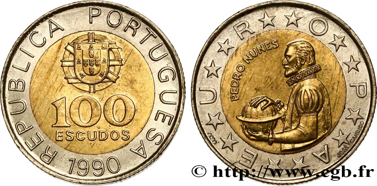 PORTOGALLO 100 Escudos armes / mathématicien et cosmographe Pedro Nunes variété à 5 séries de cannelures 1990  SPL 