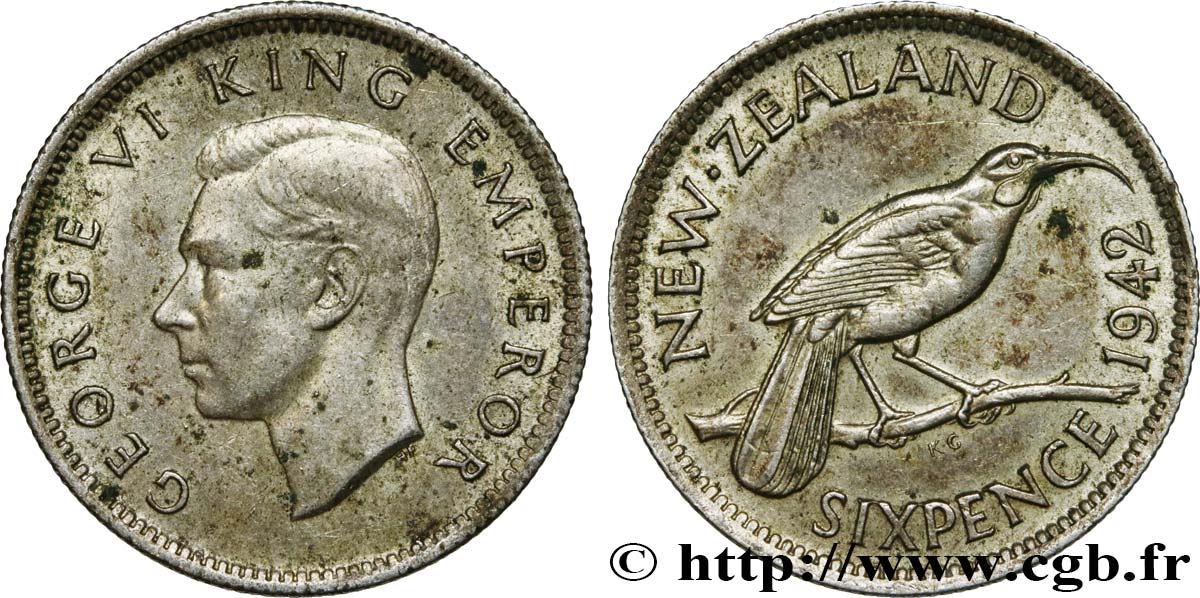 NOUVELLE-ZÉLANDE 6 Pence Georges VI 1942  TTB+ 