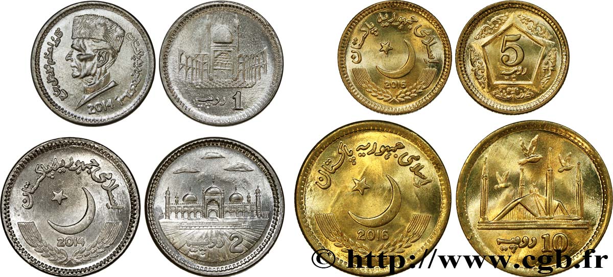 PAKISTAN Lot de 4 monnaies 1, 2, 5 et 10 Rupees (Roupies) 2014-2016  SPL 