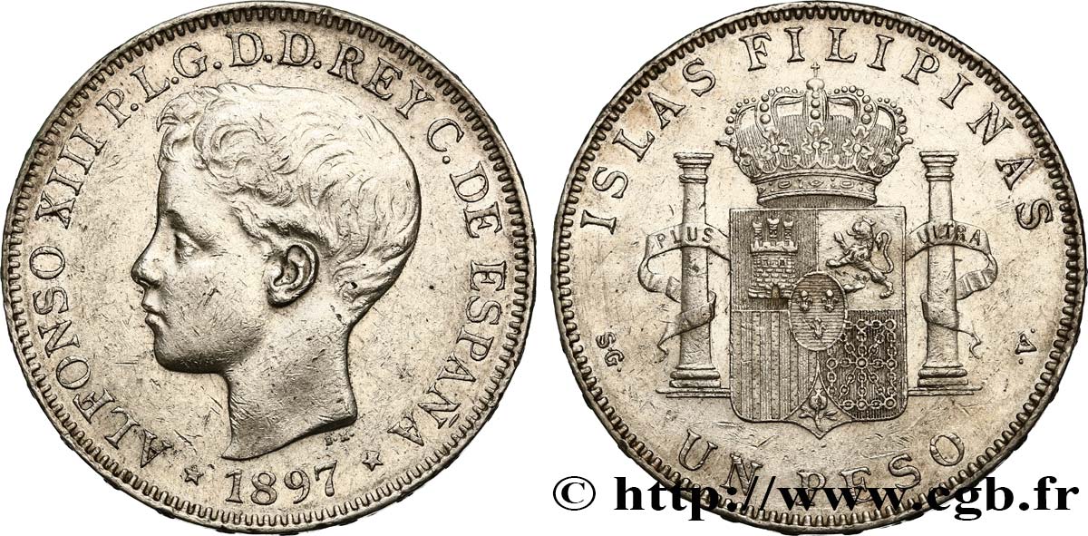 PHILIPPINES 1 Peso Alphonse XIII 1897 Madrid AU/AU 