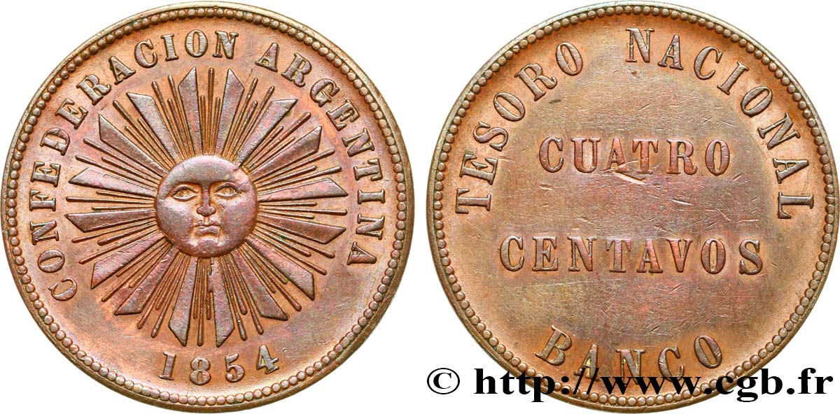 ARGENTINA 4 Centavos Confédération Argentine 1854 Birmingham AU/XF 