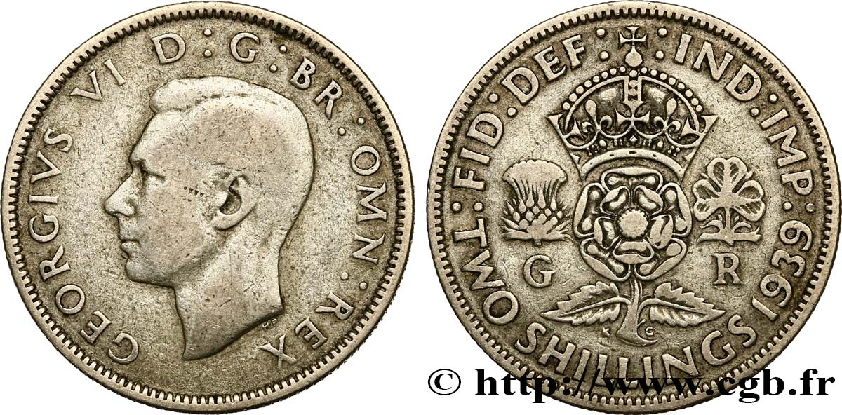 UNITED KINGDOM 1 Florin (2 Shillings) Georges VI 1939  VF 