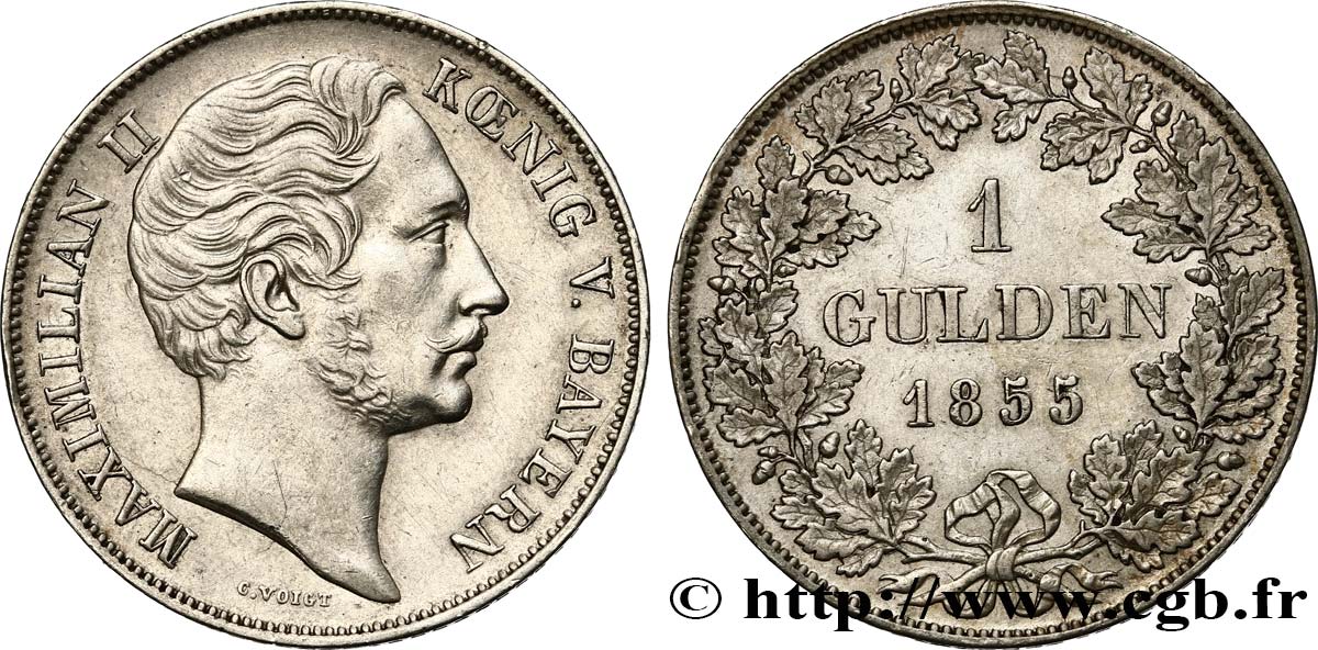 ALLEMAGNE - BAVIÈRE 1 Gulden Maximilien II 1855  TTB+ 