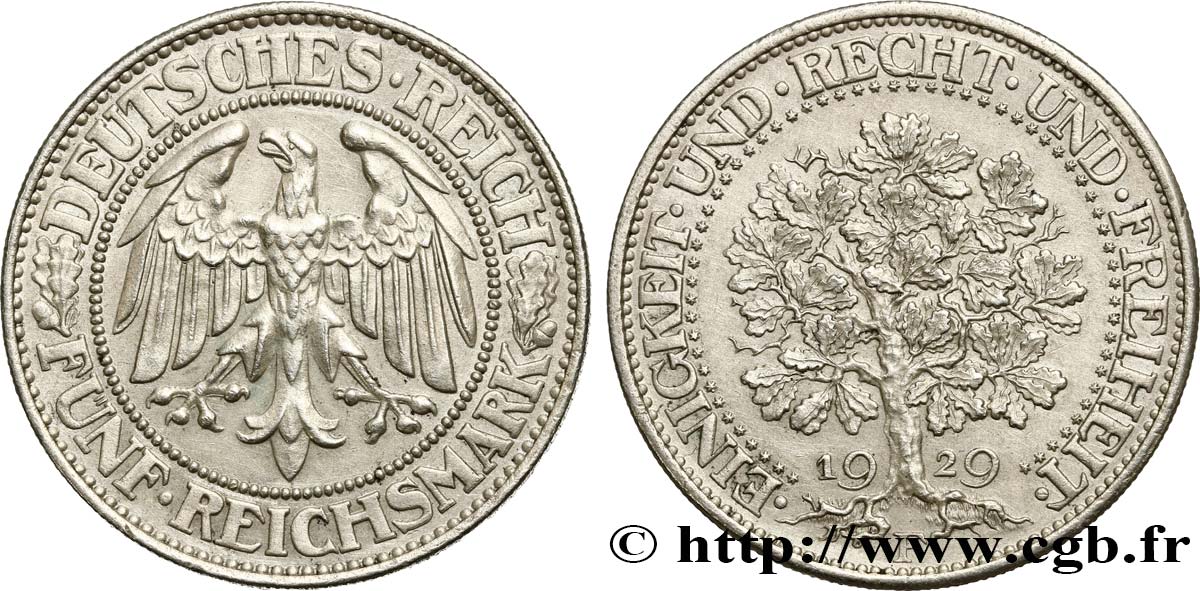 DEUTSCHLAND 5 Reichsmark 1929 Stuttgart VZ 