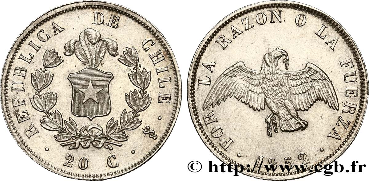 CHILI 20 Centavos 1852 Santiago SUP 