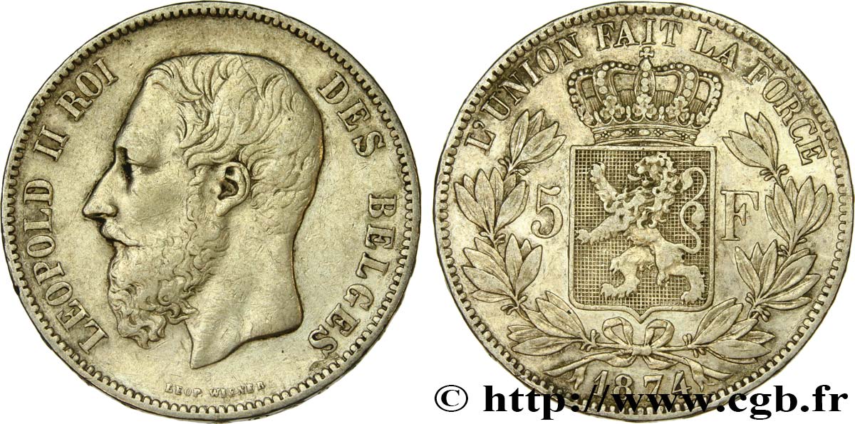 BELGIQUE 5 Francs Léopold II  1874  TB+ 