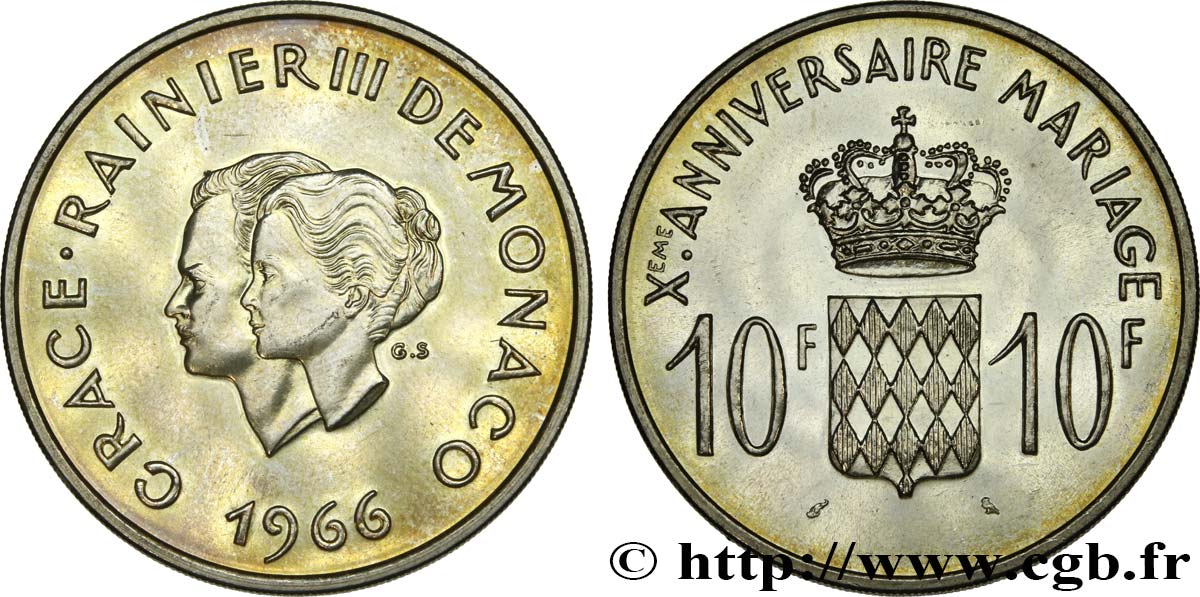 Monaco 10 Francs Argent Dixieme Anniversaire Du Mariage 1966 Paris Fwo World Coins
