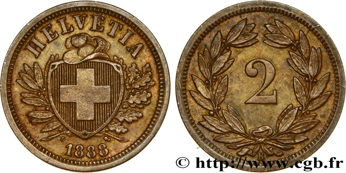 SCHWEIZ 2 Centimes (Rappen) croix suisse 1888 Berne VZ 