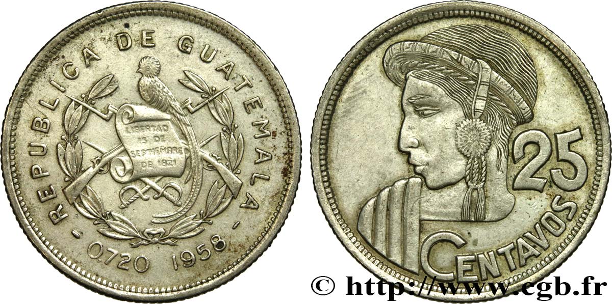 GUATEMALA 25 Centavos 1958  MBC+ 