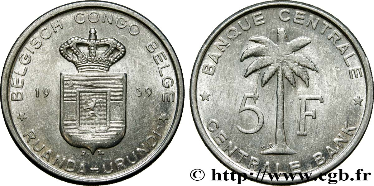 CONGO BELGE 5 Francs Banque Centrale Congo Belge-Ruanda-Urundi 1959  SPL 