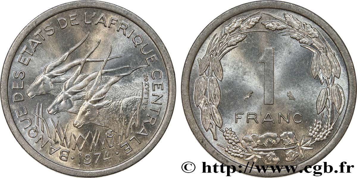 STATI DI L  AFRICA CENTRALE 1 Franc antilopes 1974 Paris MS 