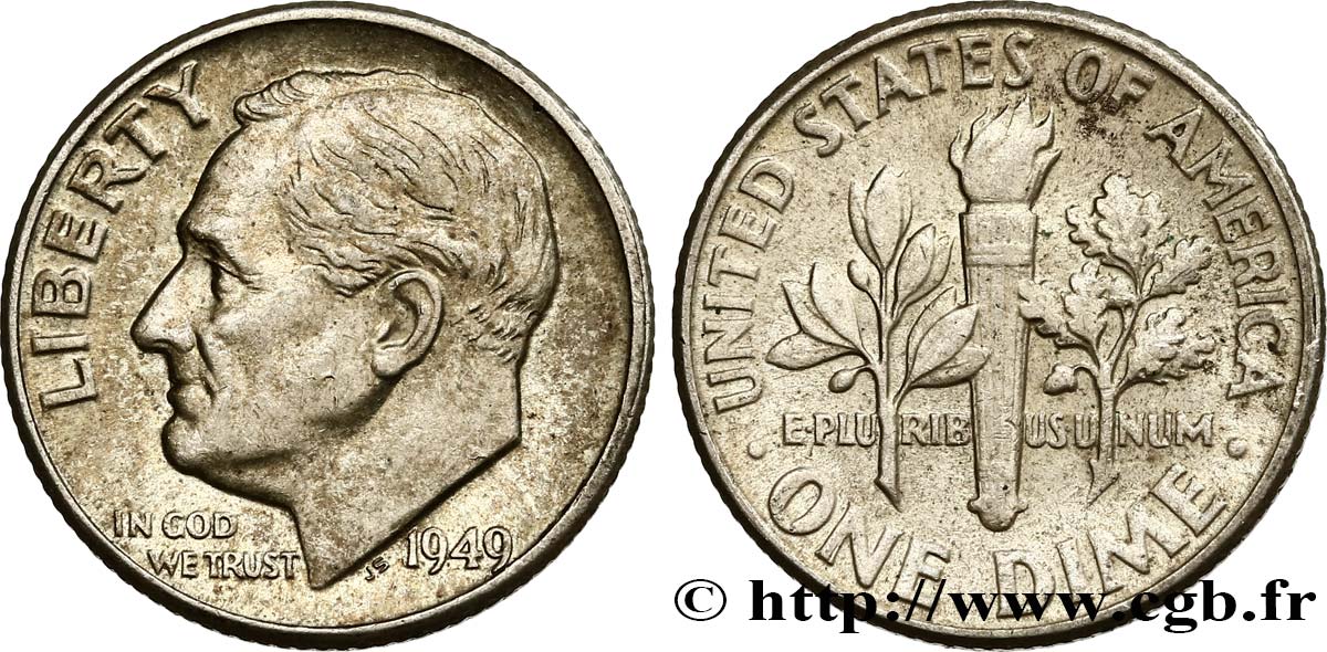 ESTADOS UNIDOS DE AMÉRICA 1 Dime (10 Cents) Roosevelt 1949 Philadelphie MBC+ 