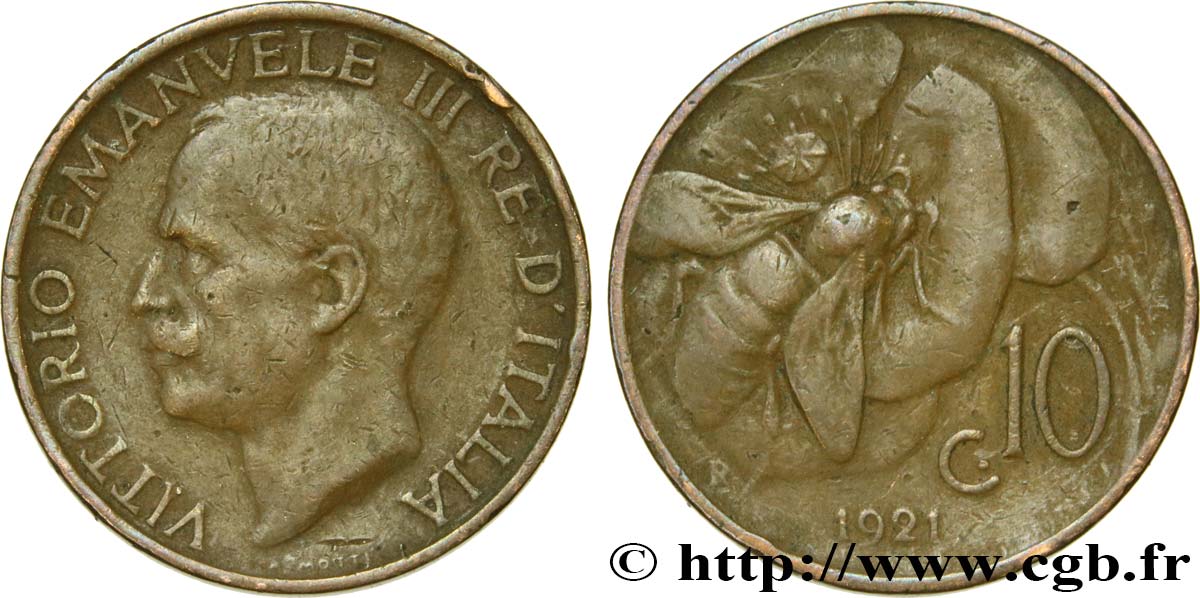 ITALY 10 Centesimi Victor Emmanuel III / abeille 1921 Rome - R XF 