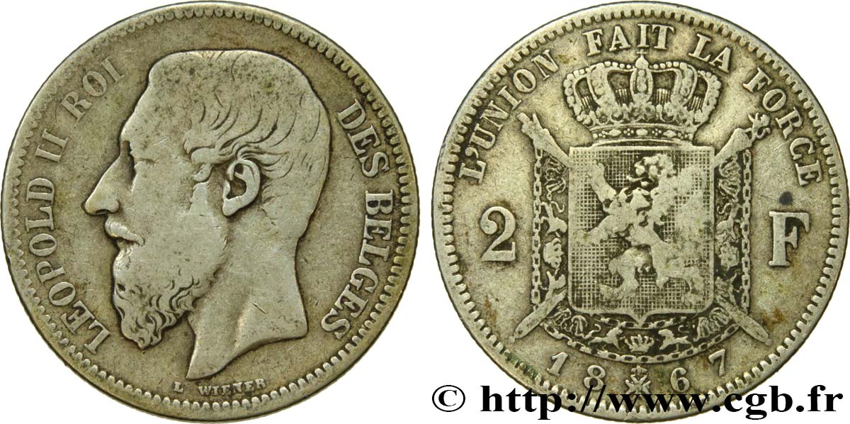 BÉLGICA 2 Francs Léopold II légende française 1867  BC 
