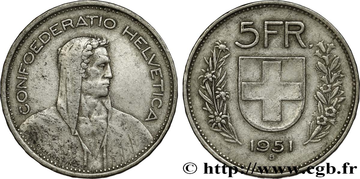 SUISSE 5 Francs Berger des alpes / bouclier suisse 1951 Berne - B TTB 