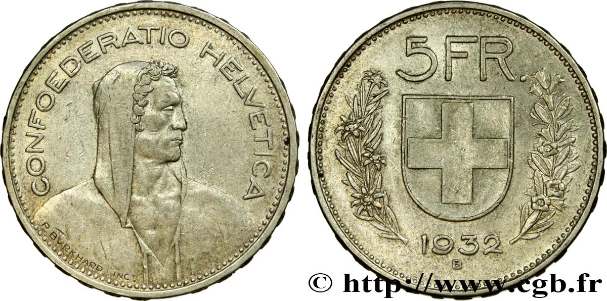 SVIZZERA  5 Francs Berger des Alpes 1932 Berne q.SPL 