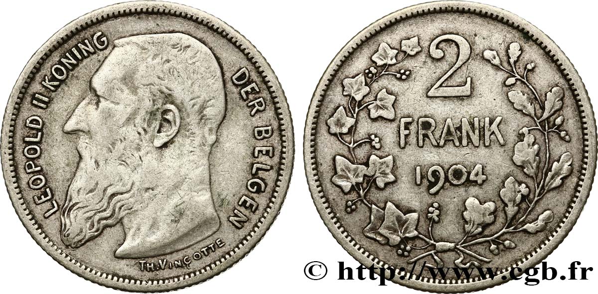 BELGIQUE 2 Frank (Francs) Léopold II légende flamande 1904  TB+ 