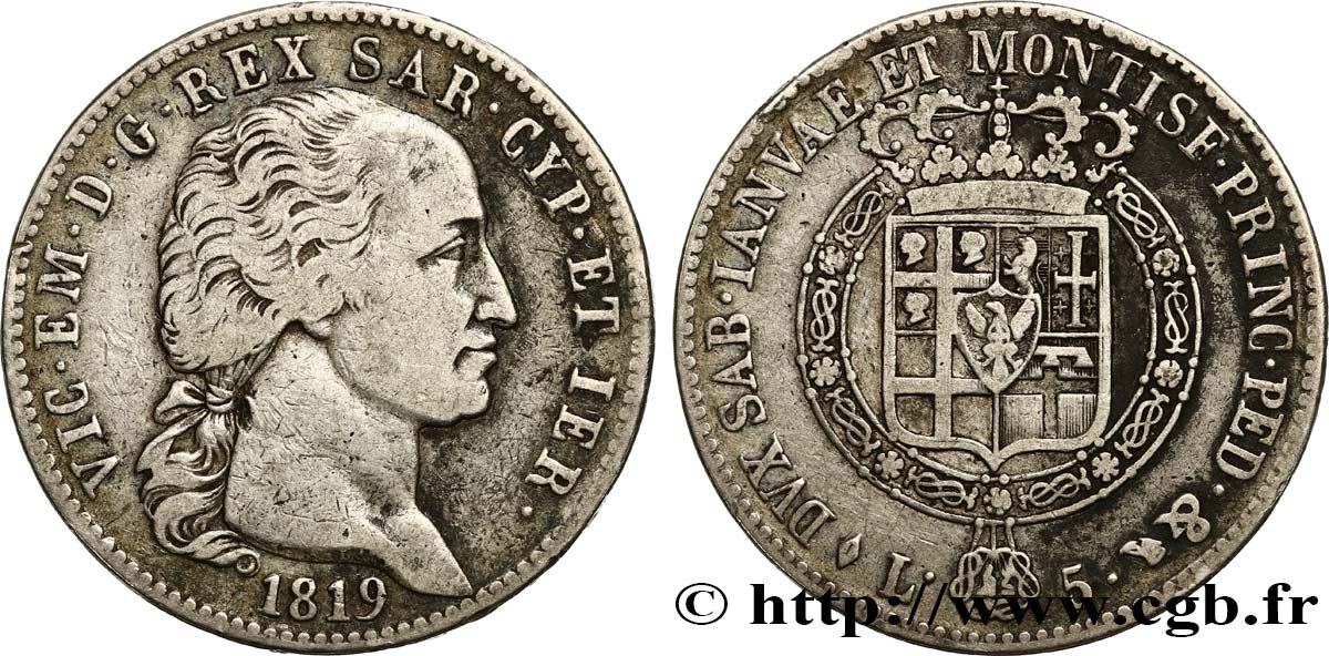 ITALY - KINGDOM OF SARDINIA 5 Lire Victor Emmanuel I 1819 Turin VF 