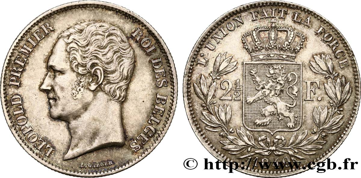 BELGIQUE - ROYAUME DE BELGIQUE - LÉOPOLD Ier 2 1/2 Francs petite tête nue 1849 Bruxelles AU 