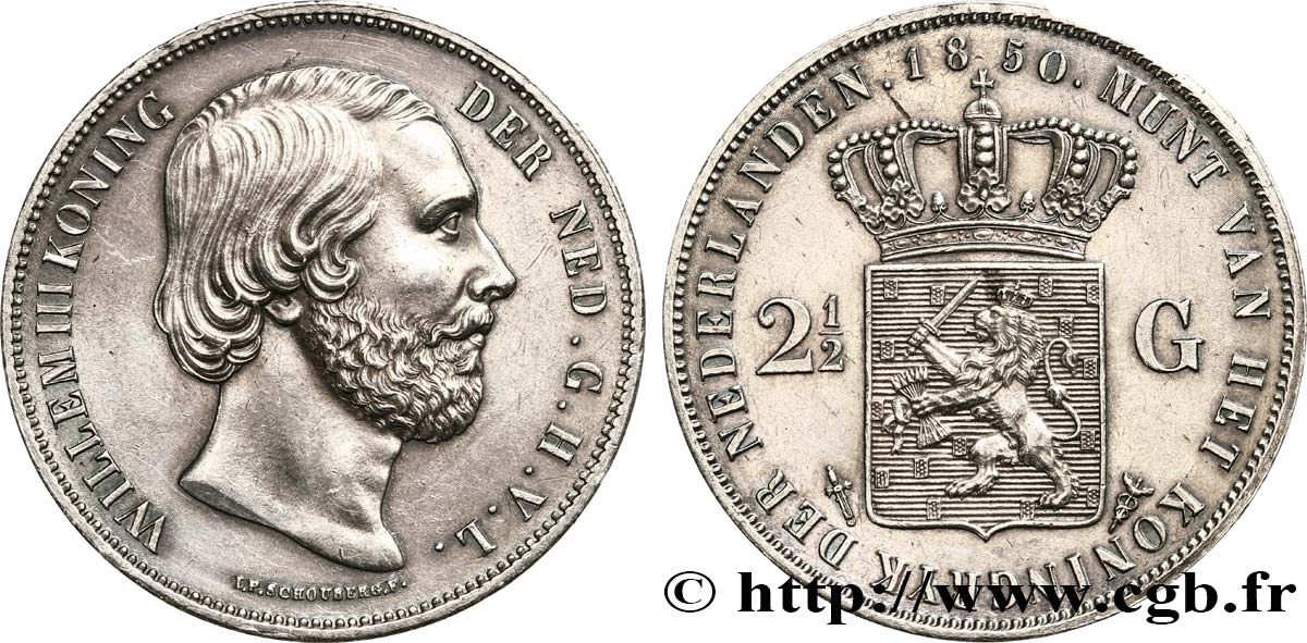 NETHERLANDS 2 1/2 Gulden Guillaume III 1850 Utrecht AU 